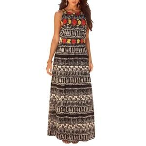 Antrhopology THML Embroidered Tribal Maxi Dress Womens Med Black White Boho